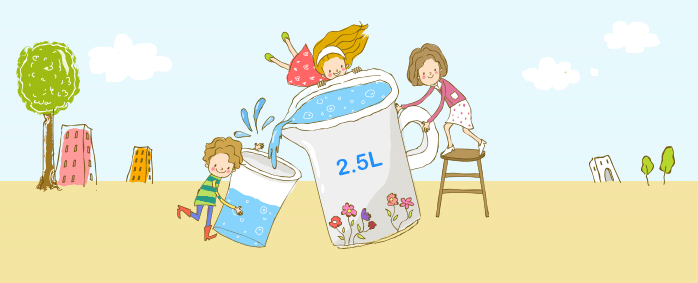 <그림> 두 여성이 2.5L라고 써져있는 거대한 물컵을 남자 아이가 들고 있는 컵에 따르고 있는 모습