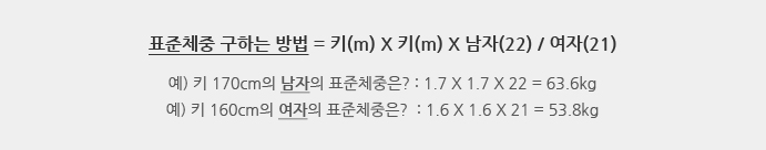 표준체중 구하는 방법 = 키(m) X 키(m) X 남자(22) / 여자(21)